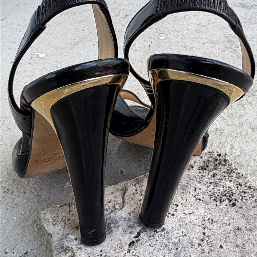 Jimmy Choo Black Patent Leather Slingback Heels with Gold Metallic Heel - Picture 4 of 9